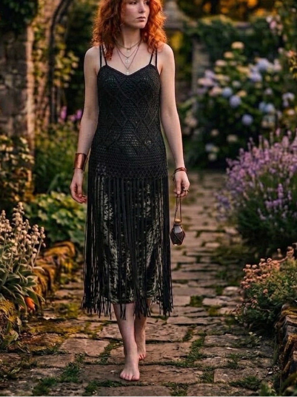 Boho Vintage 90s Crushed Velvet Midi Dress w/ Woven Fringe Overlay
Witchy Goth